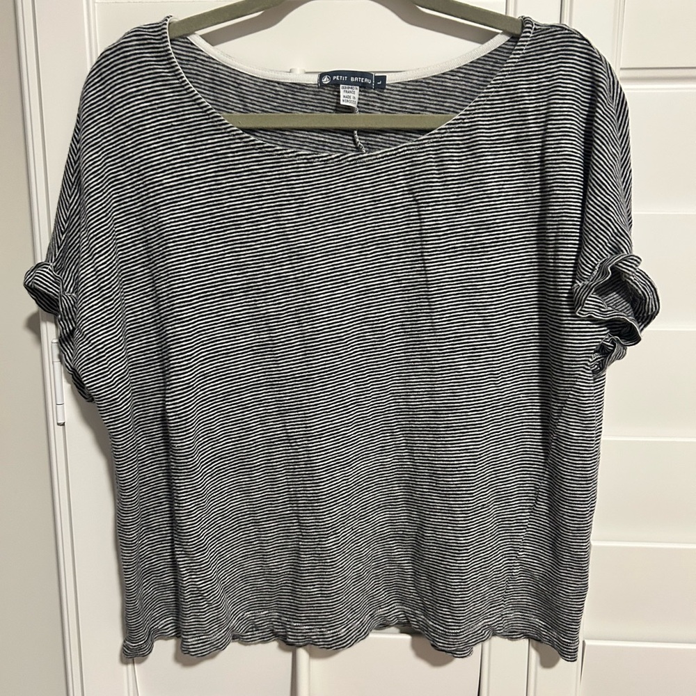 Petit Bateau Gray Cuffed Sleeve Boxy Linen Blouse